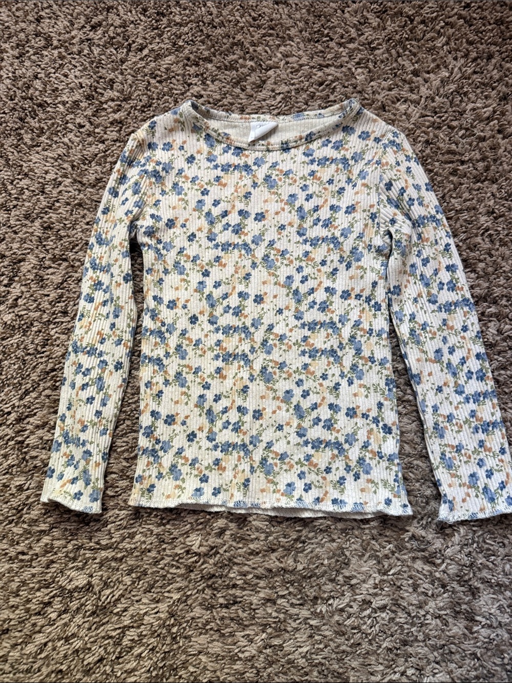Zara Cream Ribbed Long-Sleeve Top with Blue and Tan Floral Print